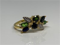 STERLING SLIVER RING W SAPPHIRE / DIOPSIDE & CZ