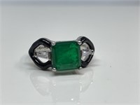 STERLING SILVER EMERALD RING W CZ'S
