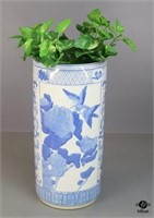 Large Blue & White Ceramic Vase w/Greenery