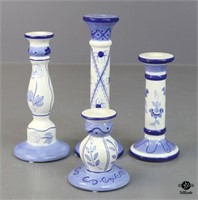 Blue & White Ceramic Candlesticks 4pc