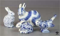 Blue & White Ceramic Bunnies & Bird 4pc
