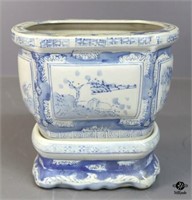 Blue & White Ceramic Planter & Stand 2pc