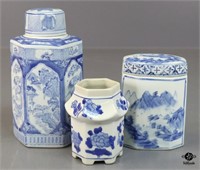 Blue & White Ceramic Jars w/Lids 3pc