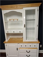 White kitchen cabinet w/ maple top & glass door