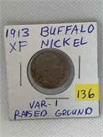 1913 XF VAR 1 Raised Ground Buffalo Nickel