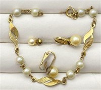 12 Karat Gold Pearl Bracelet, Clip On Earrings