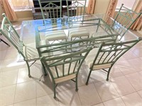 Beveled Glasstop Verdigris Metal Base Dining Table