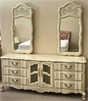 White Washed 9 Drawer Wooden Dresser W/ 2 Mirrors