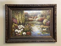 36” Framed Oil Painting: Floral Lake Scene