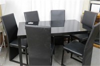 Black Glass Top Table w/ 6 Leather Padded Chairs