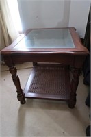 Glass Top End Table, Wicker Bottom Shelf, 26x22x22