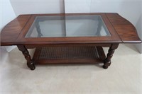 Glass Top Coffee Table w/ Wicker Shelf,