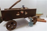 Wooden Wagon, Toy Blocks - (Wheel Needs Repair)