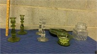Glass candle holder, jar and ashtrays