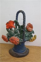 Cast Iron Door Stop Basket with Flowers 9 3/4" h