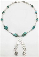 Indian-Style Sterling, Turquoise Necklace w/Dimes.