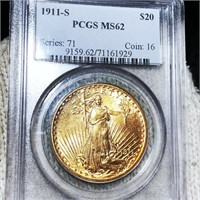 1911-S $20 Gold Double Eagle PCGS - MS62