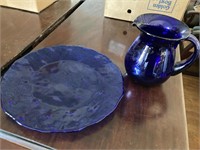 Cobalt pitcher (7-3/4”), platter (14-1/2”)