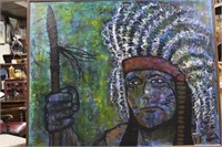 LARGE OIL ON CANVAS NATIVE AMERICAN-SIGNED