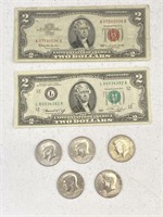 1963 Red Seal, 1976 $2 Bill, 5pc Bicentennial $.50