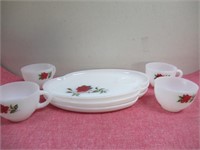 Milk Glass Plates with Cups with Rose
