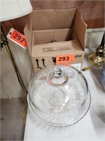 2 GLASS CAKE STANDS- 1 IS NIB ANCHOR HOCKING