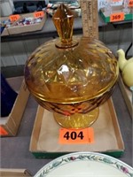 LARGE AMBER COVERED COMPOTE- DIAMOND PATTERN