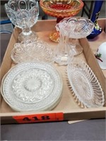 FLAT OF MISC. GLASS PLATES- VASE- COMPOTES