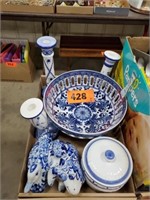 BLUE & WHITE FLOWER PCS. CANDLE HOLDERS- BOWL