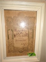 Framed antique certificate