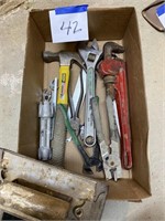 MISC. TOOLS- PIPE WRENCH- PLIERS- HAMMER