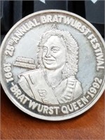 1992 Bratwurst Festival Token   1 oz  .999 Silver