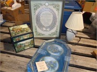 Old Framed Marriage Certificate ,Lamp, Nest of