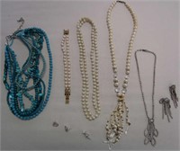 Lot of Teal/Pearl Necklaces- Costume Jewelry