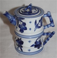Blue & White Asian Tea Pot w Cup Bamboo Design