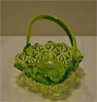 Green Glass Basket w Cut Diamond Design