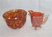 Marigold Carnival Glass Three Footed Creamer, Cut