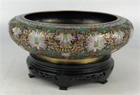 Cloisonne Bowl with Lotus Motif on Carved Stand
