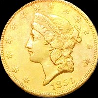 1854 $20 Gold Double Eagle ABOUT UNCIRCULATED