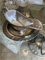 Silver plated dish with heavy metal gravy boat