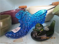 Hand Blown Pilgrim Glass Duck & Blue Hobnail