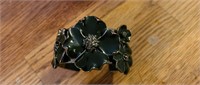 BEAUTIFUL HEAVY BLACK ENAMEL FLOWER CUFF BRACELET