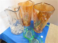 GREEN CANDY DISH, 2 GOLD GLASS WATAER PITCHERS,