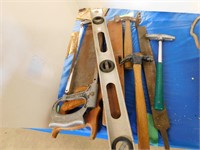 QTY TOOLS - HAND SAW, LEVEL, HACK SAW, HAMMERS,