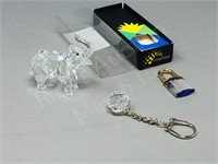 3- crystal items- elephant, key chain, lock