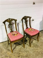 pair of  wood side chairs w/ needlepoint seat