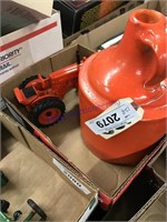 JD MI toy tractor, orange crock jugs