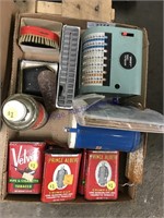 Tobacco tins, calculator, other misc