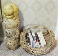 COMPOSITE ANIMAL TOTEM AND BASKET OF BOOKS