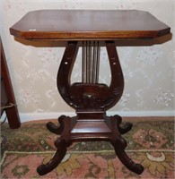 MAHOGANY, LYRE BASE LAMP TABLE WITH INLAID TOP - 2